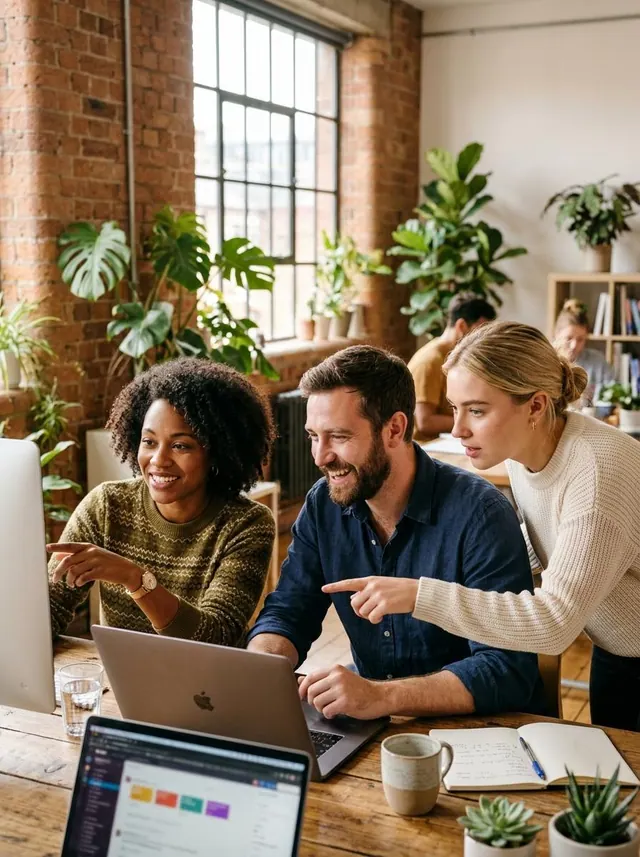 Three agency teammates around one laptop