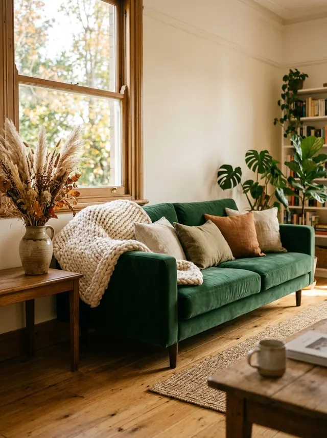 A moss velvet sofa in autumn light