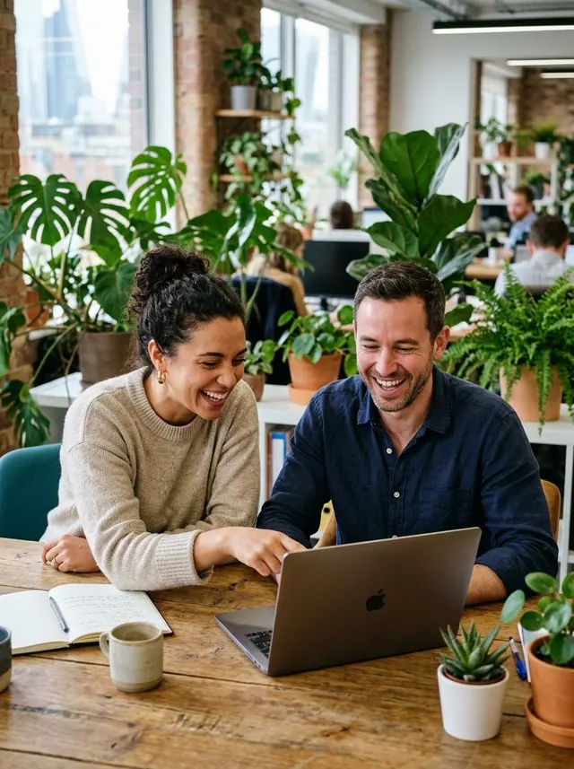 Two founders reviewing a laptop in a plant-filled office