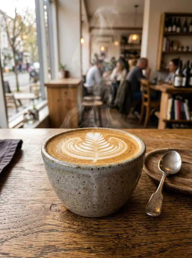 A flat white with latte art on a cafe counter